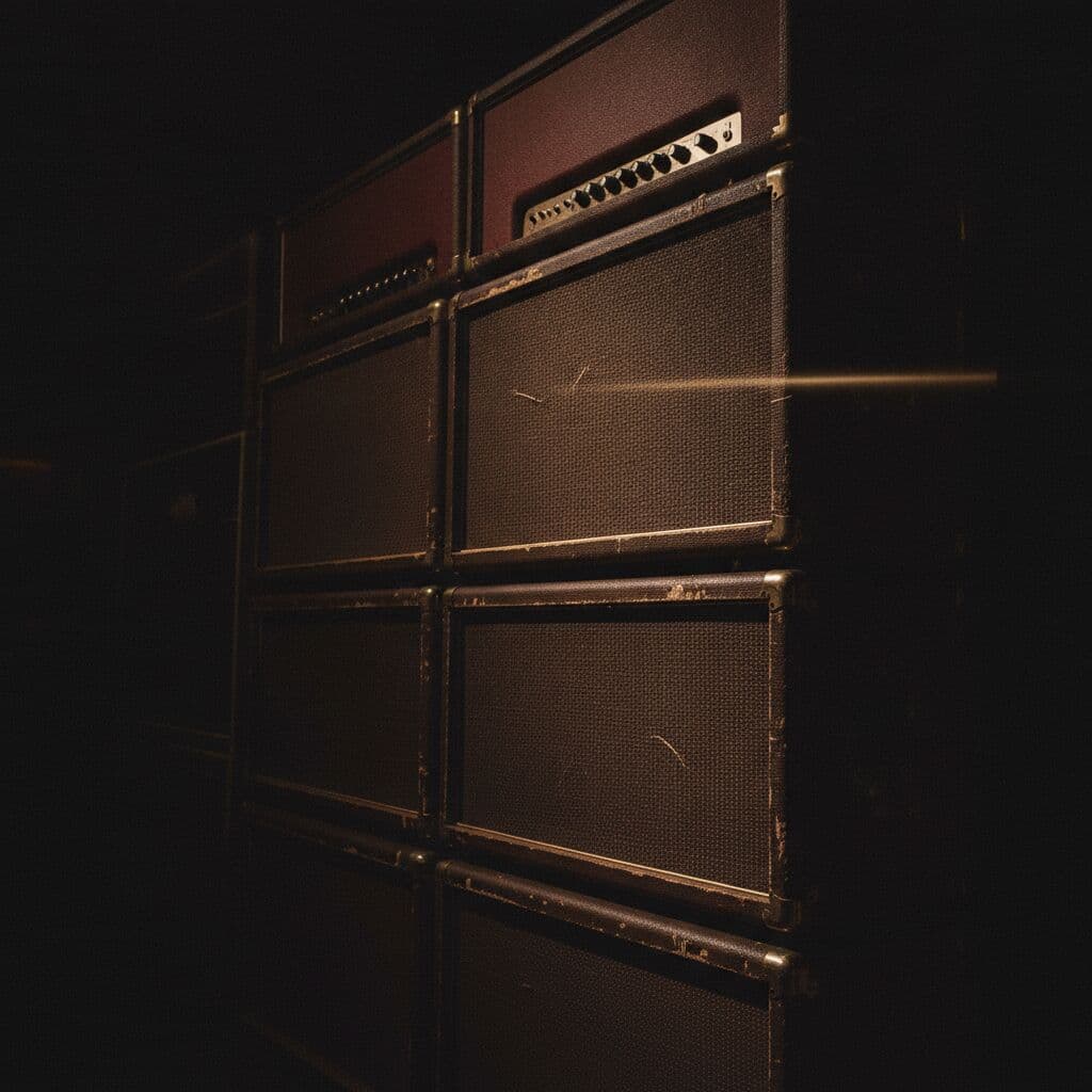 A backline wall of guitar amplifier cabinets backstage