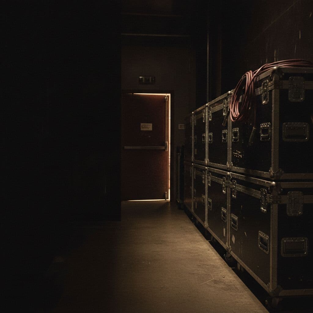 Stacked black flight cases with brass latches in a backstage corridor