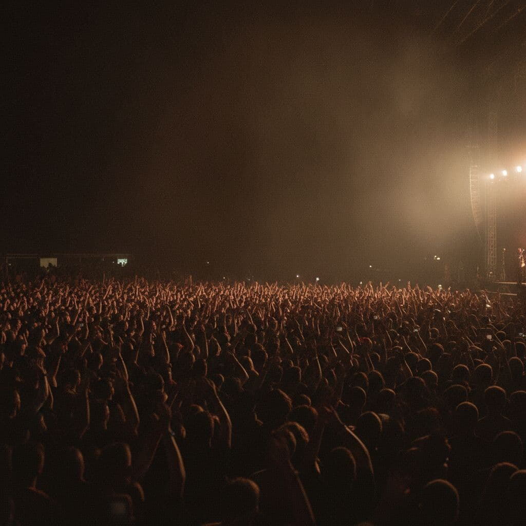 A festival crowd filling the field in front of the stage at dusk