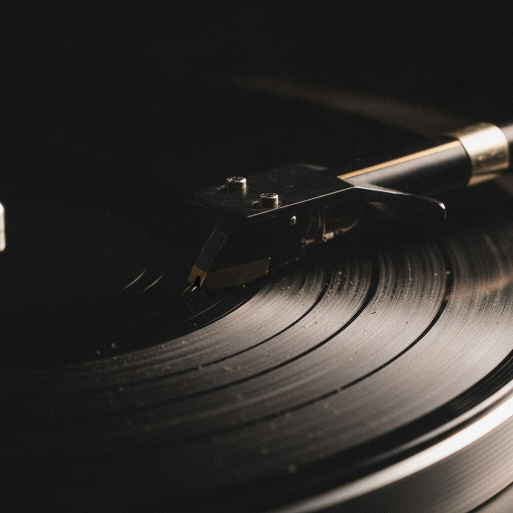 Macro of a vinyl record groove with the stylus in the track