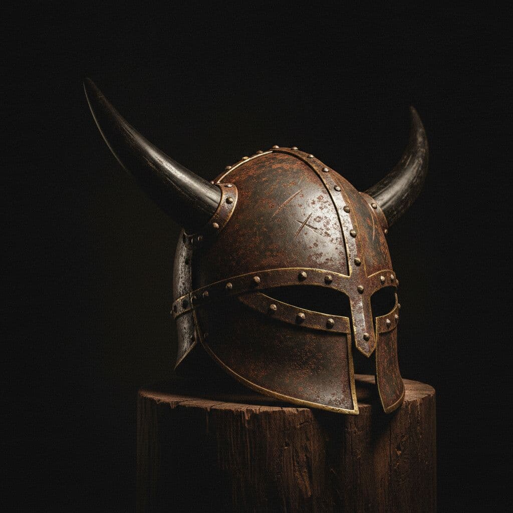 A weathered horned helmet on a dark plinth under hard raking light — Horned helm, hand-forged