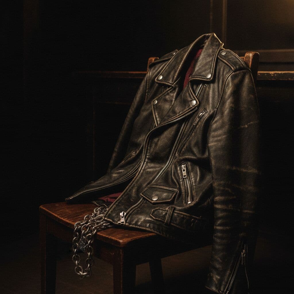 A studded leather stage jacket hanging in a dressing room — Dressing room, leather