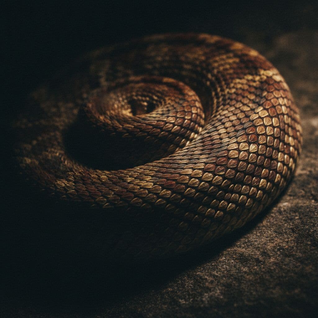 A snake coiled over dark leather — the serpent motif of the artwork — The serpent motif