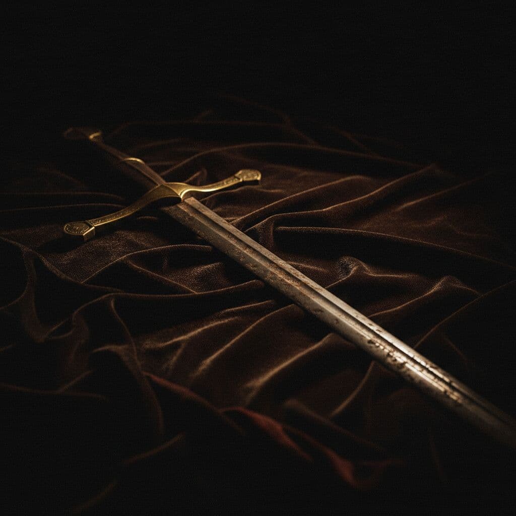 A forged sword on dark cloth, a thin brass highlight running along the blade — Blade study